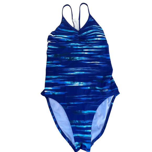 Champion Blue Watercolor Striped One Piece Racerback Conservative Swim Suit Med - Picture 3 of 6